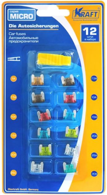 Флажковые предохранители MICRO комплект 12 шт. с пинцетом KRAFT KT870016